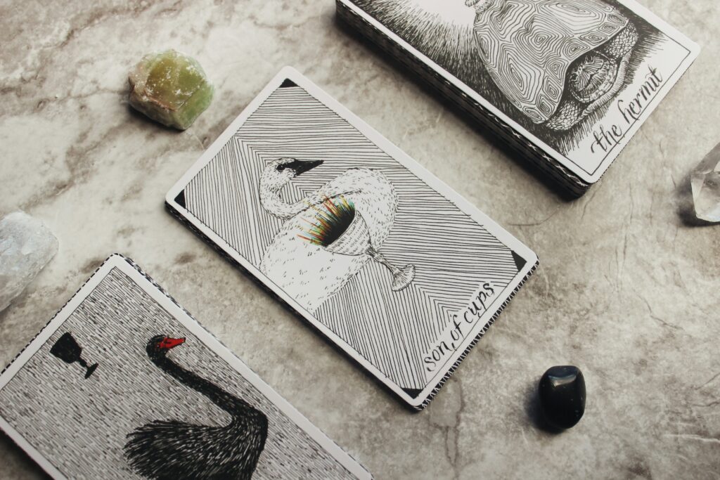 Minimalist cards featuring animal symbolism placed alongside crystals on a marble surface.