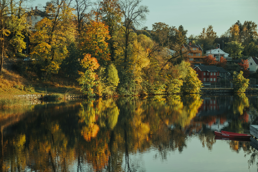 Peaceful lakeside landscape surrounded by autumn trees, reflecting the calm and powerful energy of energetic points around the world.