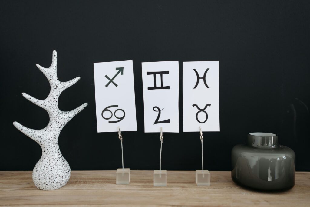 Zodiac symbols displayed on cards representing celtic soul trees and their meaning through personality, energy, and spiritual identity.